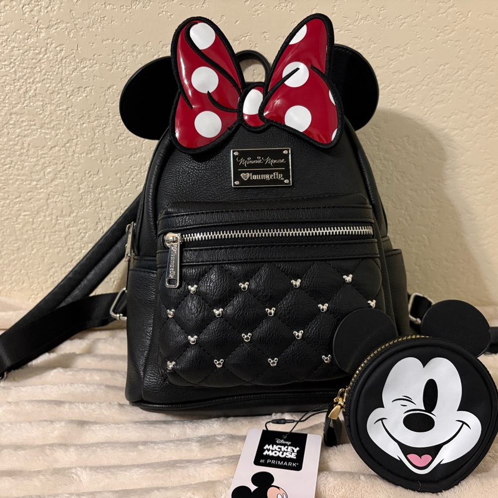 🖤 Loungefly Disney Minnie Mouse Quilted Studded Bow Mini Backpack + Coin Purse